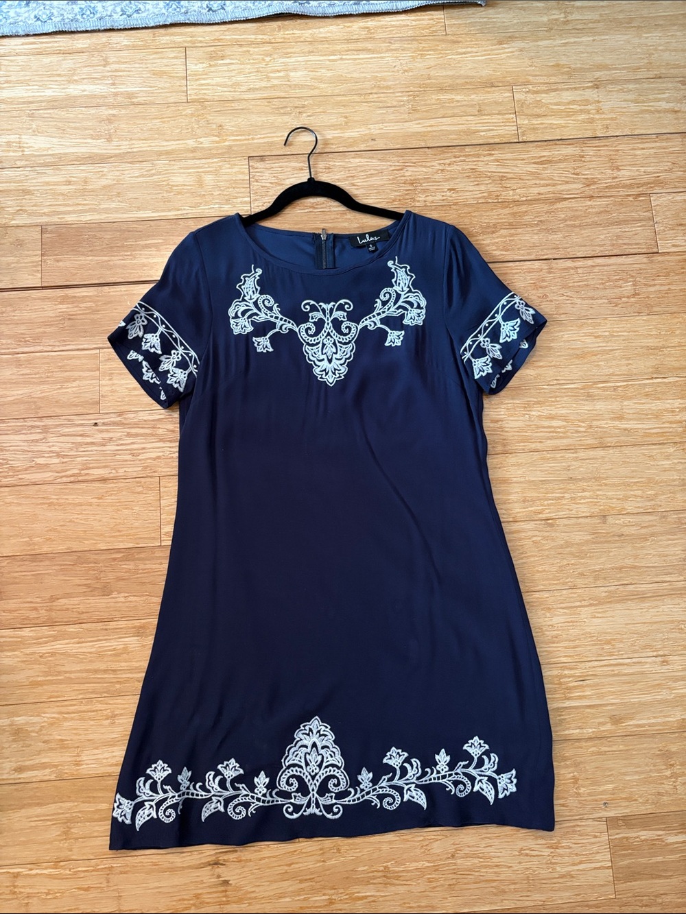 Navy Embroidered Shift Dress with White Trim